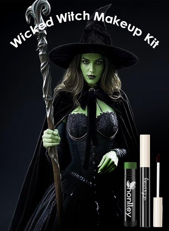 HONLLEY Halloween Wicked Witch Makeup Complete Kit Costume Women - Elphaba Green Water-Based Face Paint, Black Pencil, Black Lipstick, Eyelashes & Guide | Frankenstein Character Set for SFX Cosplay Parties - Image 3